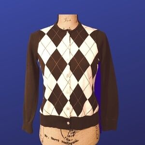 LAND’S END 100% Cotton Cardigan,  BROWN/TAN/WHITE ARGYLE, Size XS/P, NWOT
